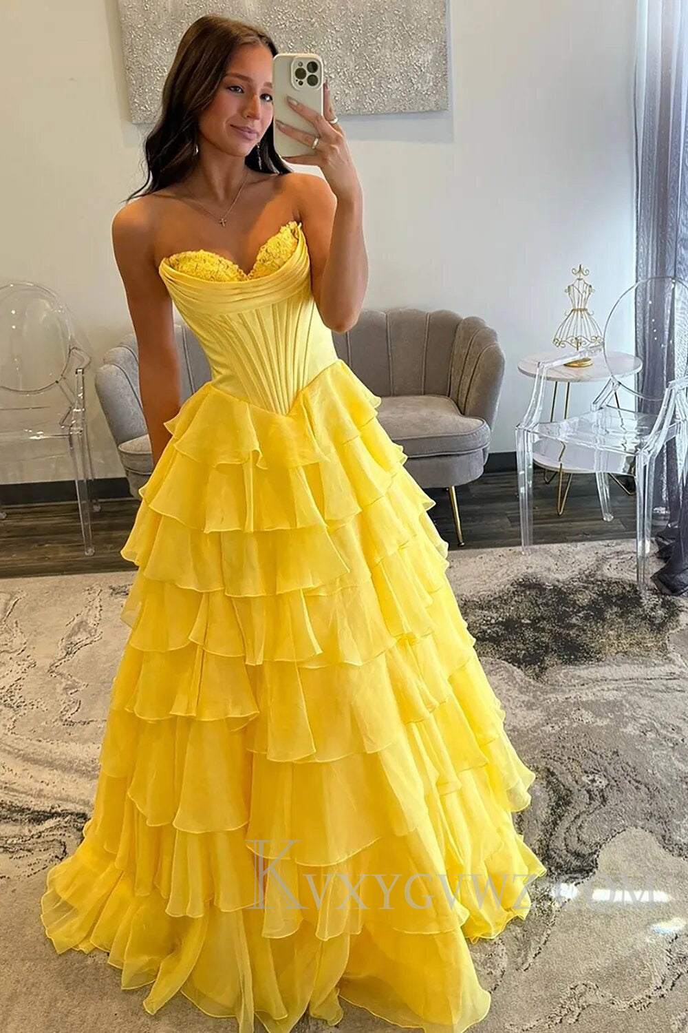A Line Blue Strapless Tiered Corset Long Prom Dress LF126
