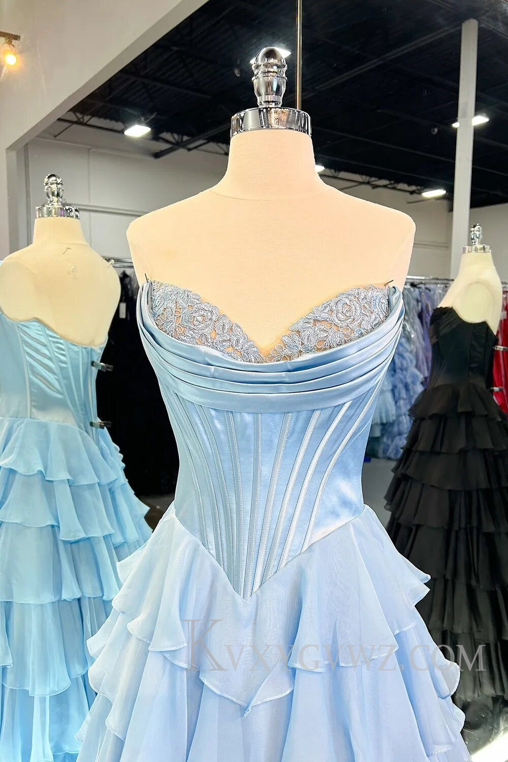 A Line Blue Strapless Tiered Corset Long Prom Dress LF126