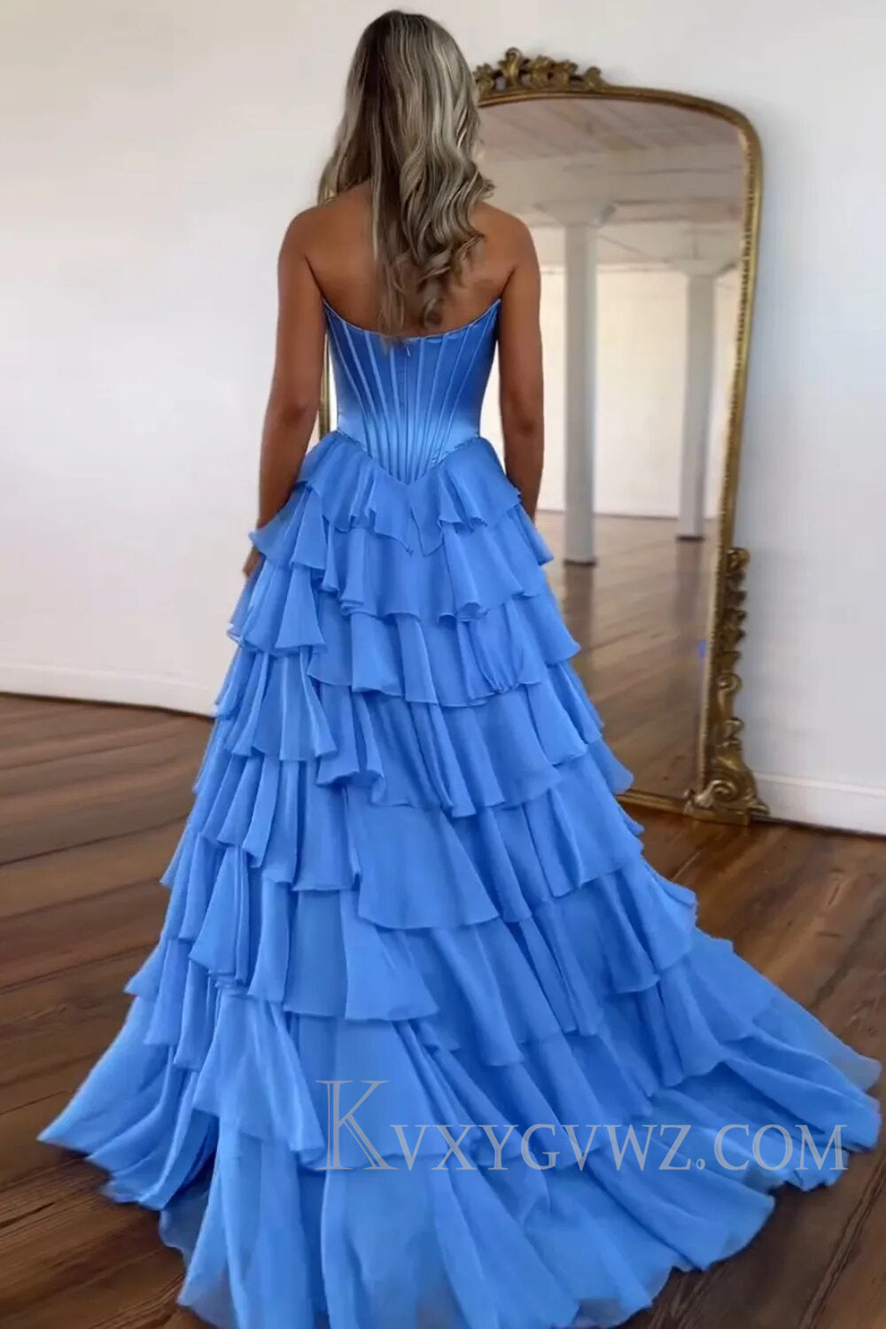 A Line Blue Strapless Tiered Corset Long Prom Dress LF126