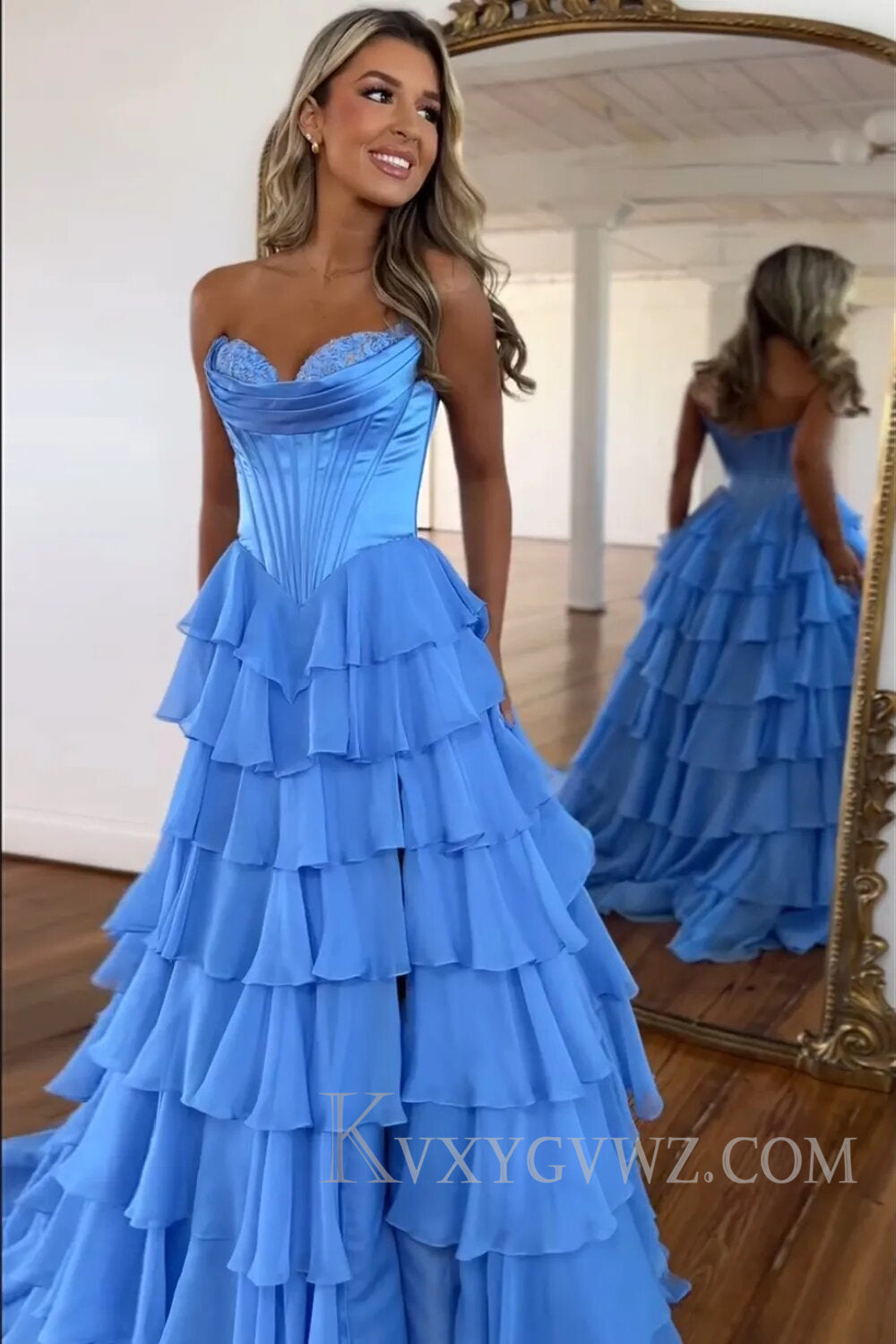 A Line Blue Strapless Tiered Corset Long Prom Dress LF126