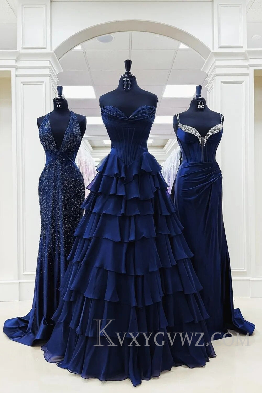 A Line Blue Strapless Tiered Corset Long Prom Dress LF126