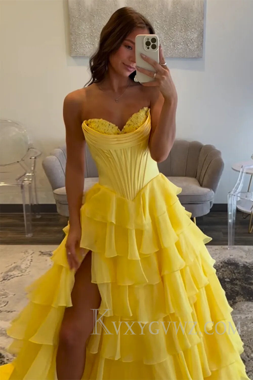 A Line Blue Strapless Tiered Corset Long Prom Dress LF126