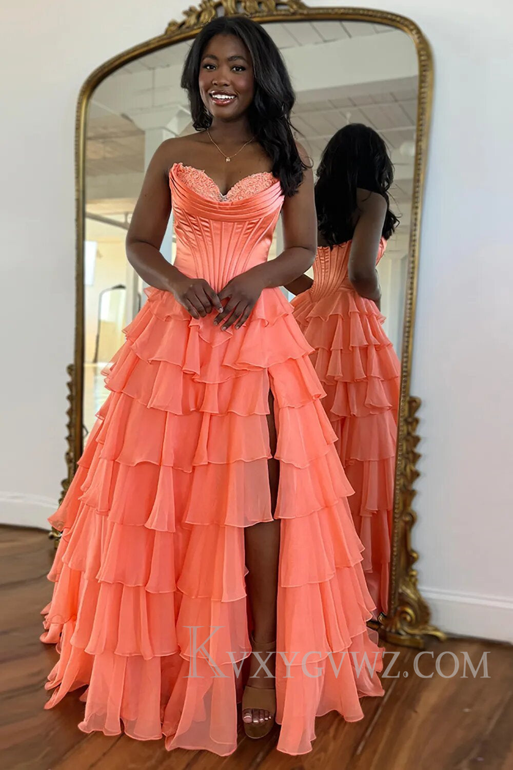 A Line Blue Strapless Tiered Corset Long Prom Dress LF126