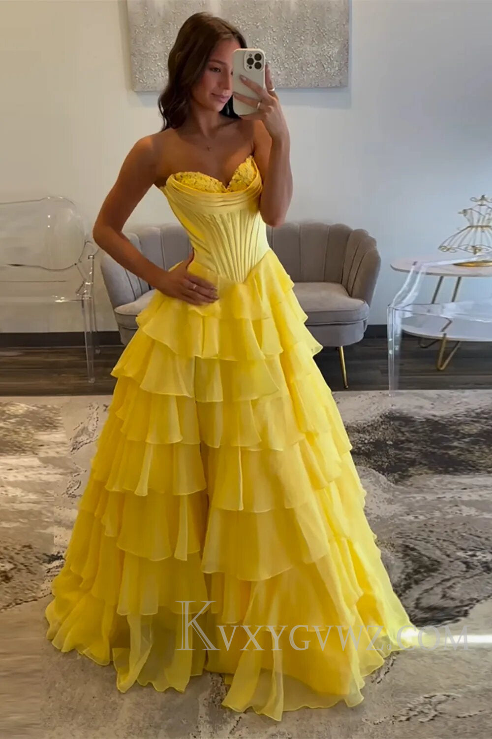 A Line Blue Strapless Tiered Corset Long Prom Dress LF126