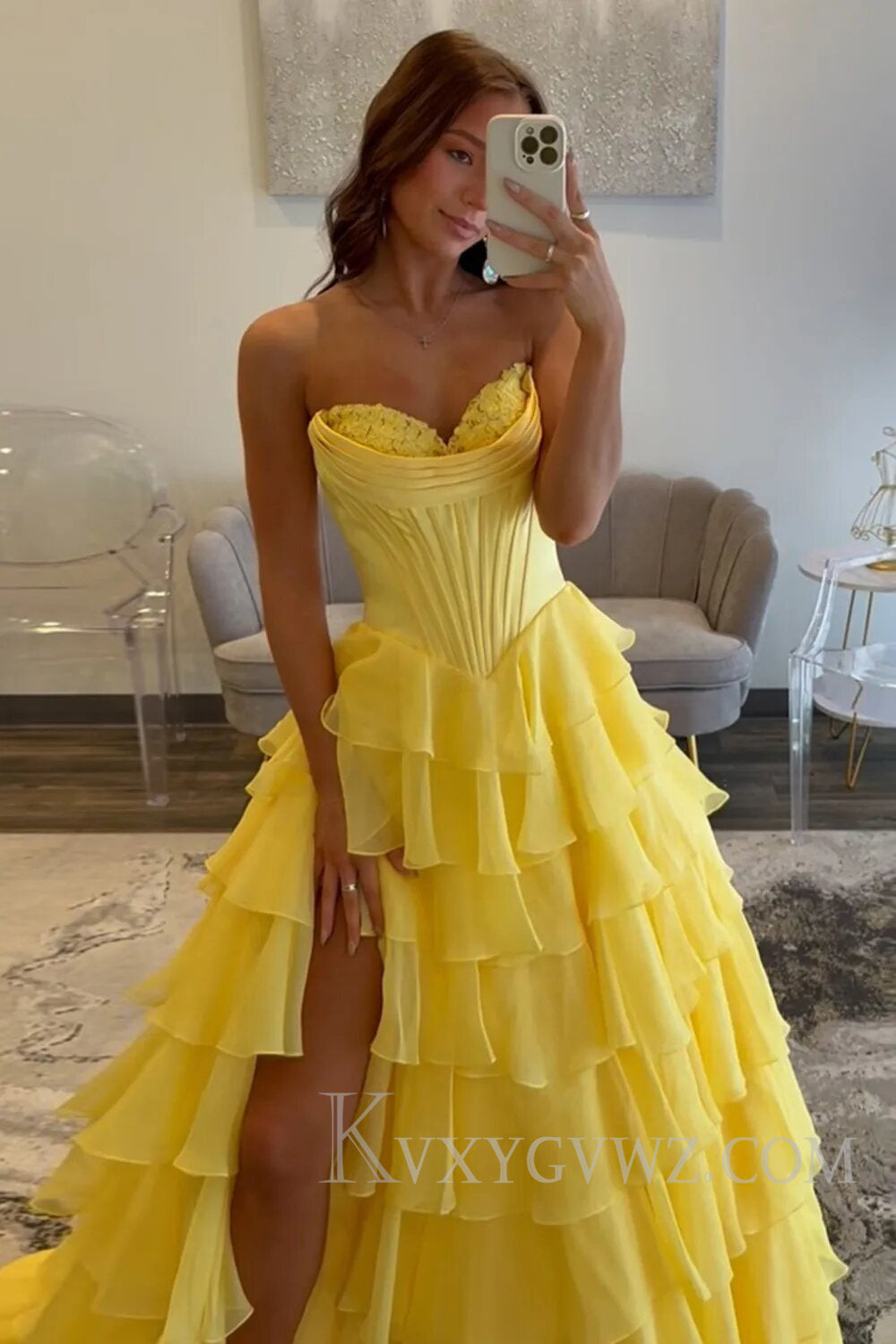 A Line Blue Strapless Tiered Corset Long Prom Dress LF126