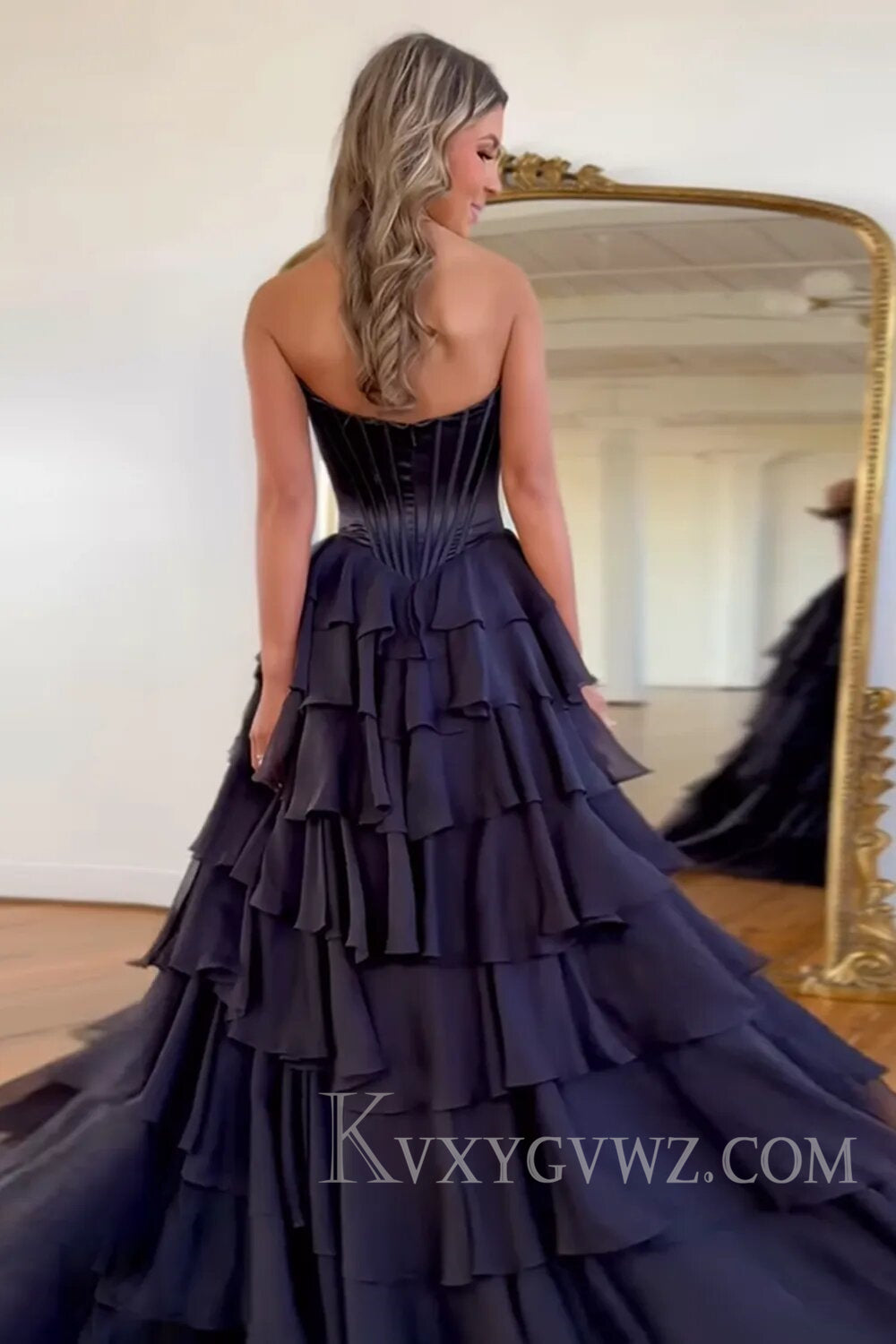 A Line Blue Strapless Tiered Corset Long Prom Dress LF126
