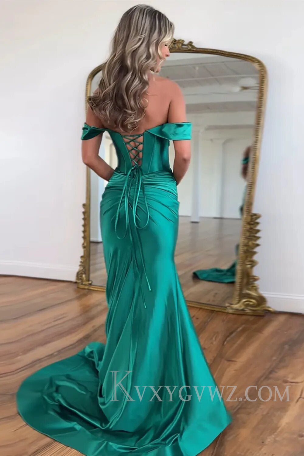Emerald Green Off The Shoulder Mermaid Long Prom Dress with Slit LF127