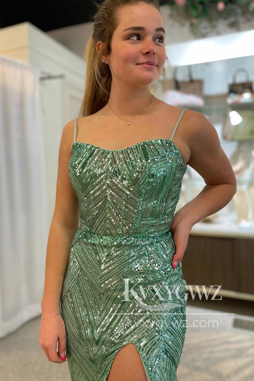 Conspicuous Mermaid Evening Gown Sage Green Sequins Mermaid Prom Dress with Slit LF1273