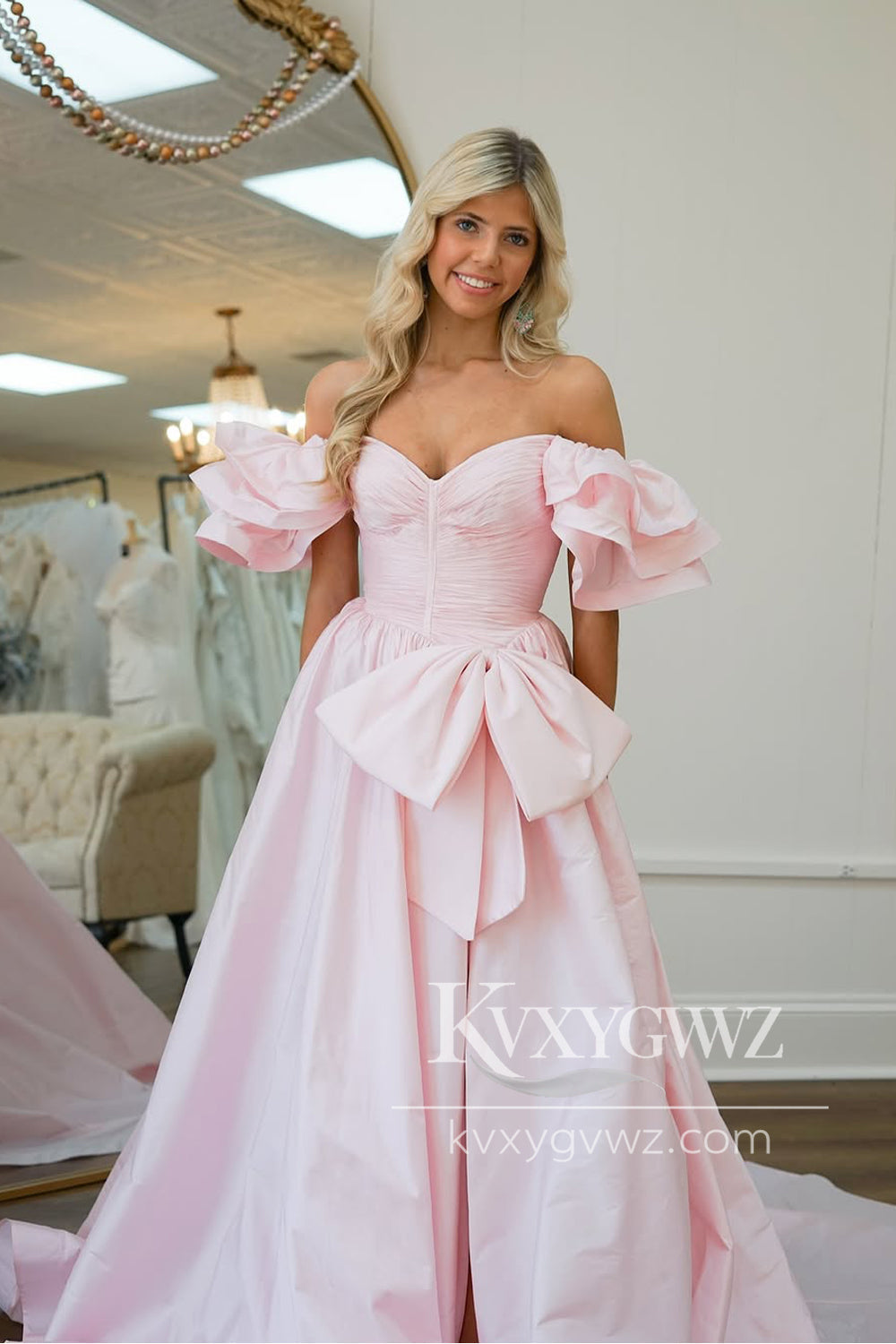 Fairy A Line Off the Shoulder Evening Gown Pink Satin Slit Prom Dress with Bow LF1274