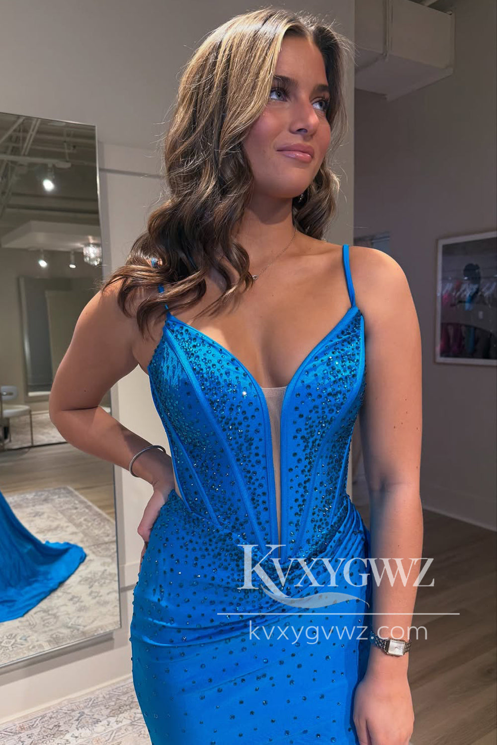 Mermaid V Neck Royal Blue Evening Gown Satin Slit Prom Dress with Beading LF1280