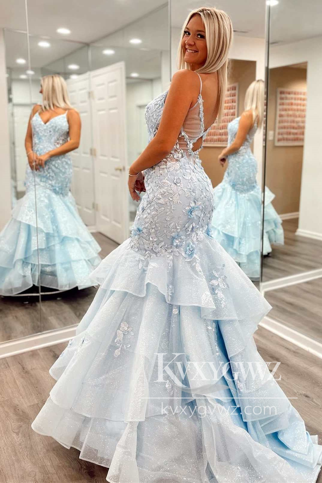 Mermaid V Neck Light Blue Evening Gown 3D Floral Lace Tiered Prom Dress with Appliques LF1282