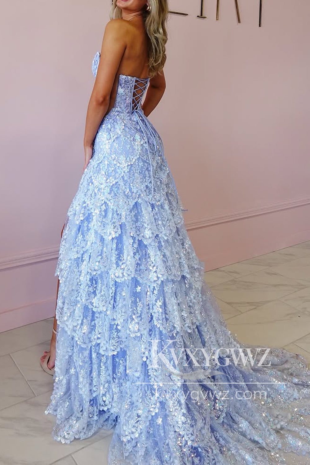 A-Line Strapless Lavender Evening Gown Sequin Lace Ruffle Tiered Long Prom Dress with Slit LF1285