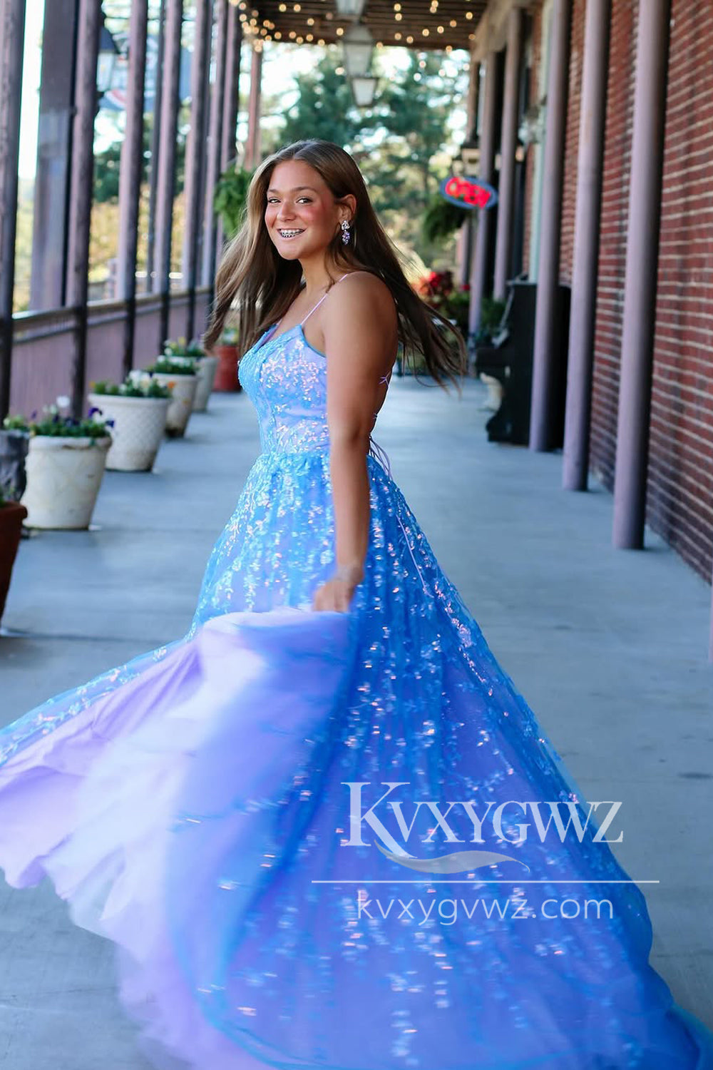 Stunning A Line Straps Evening Gown Light Blue Sequins Prom Dress LF1289