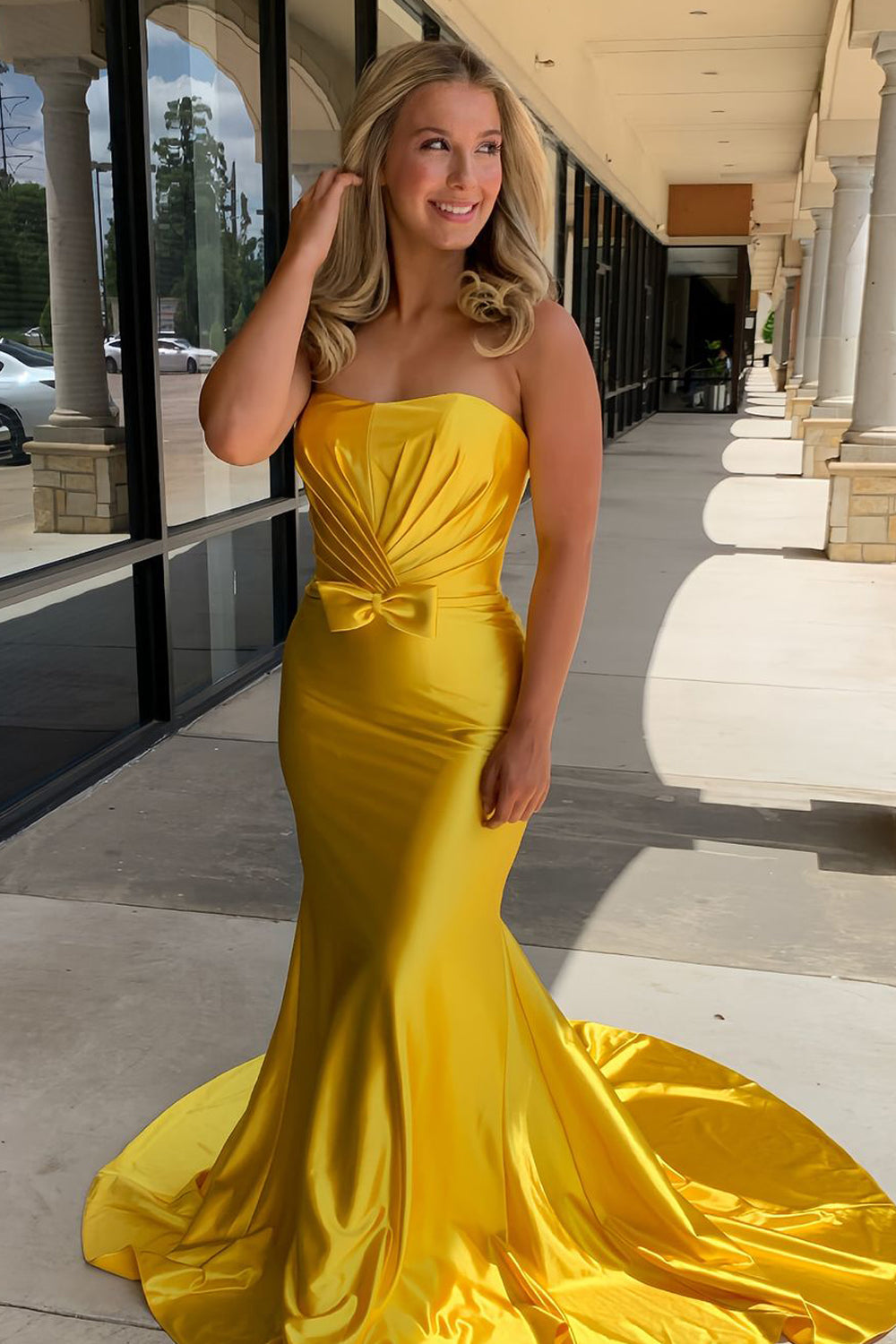 Stunging Mermaid Strapless Gold Satin Long Prom Dress Gown LF1307