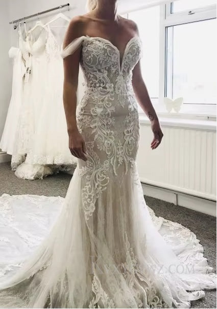 Elegant Off The Shoulder Mermaid Ivory Wedding Gown/Dress With Lace HS404