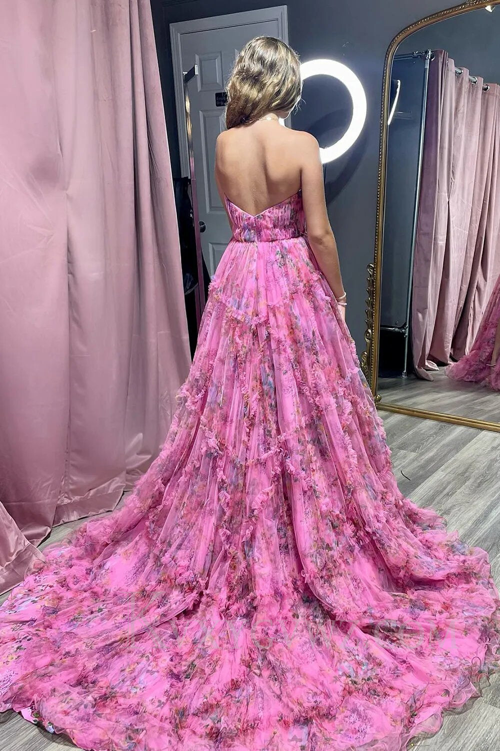 Pink Sweetheart A-Line Floral Long Tulle Prom Dress with Slit LF013