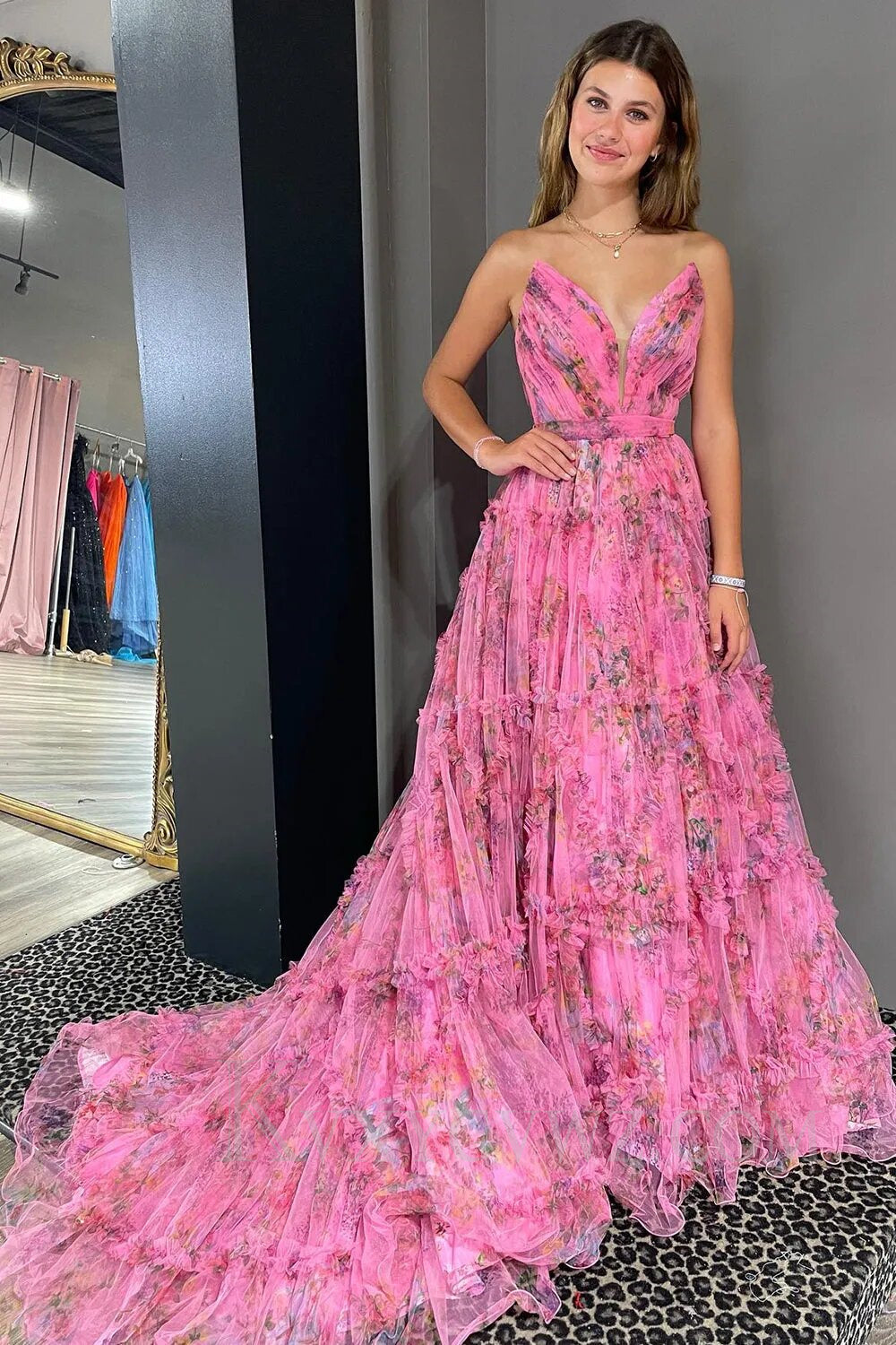 Pink Sweetheart A-Line Floral Long Tulle Prom Dress with Slit LF013