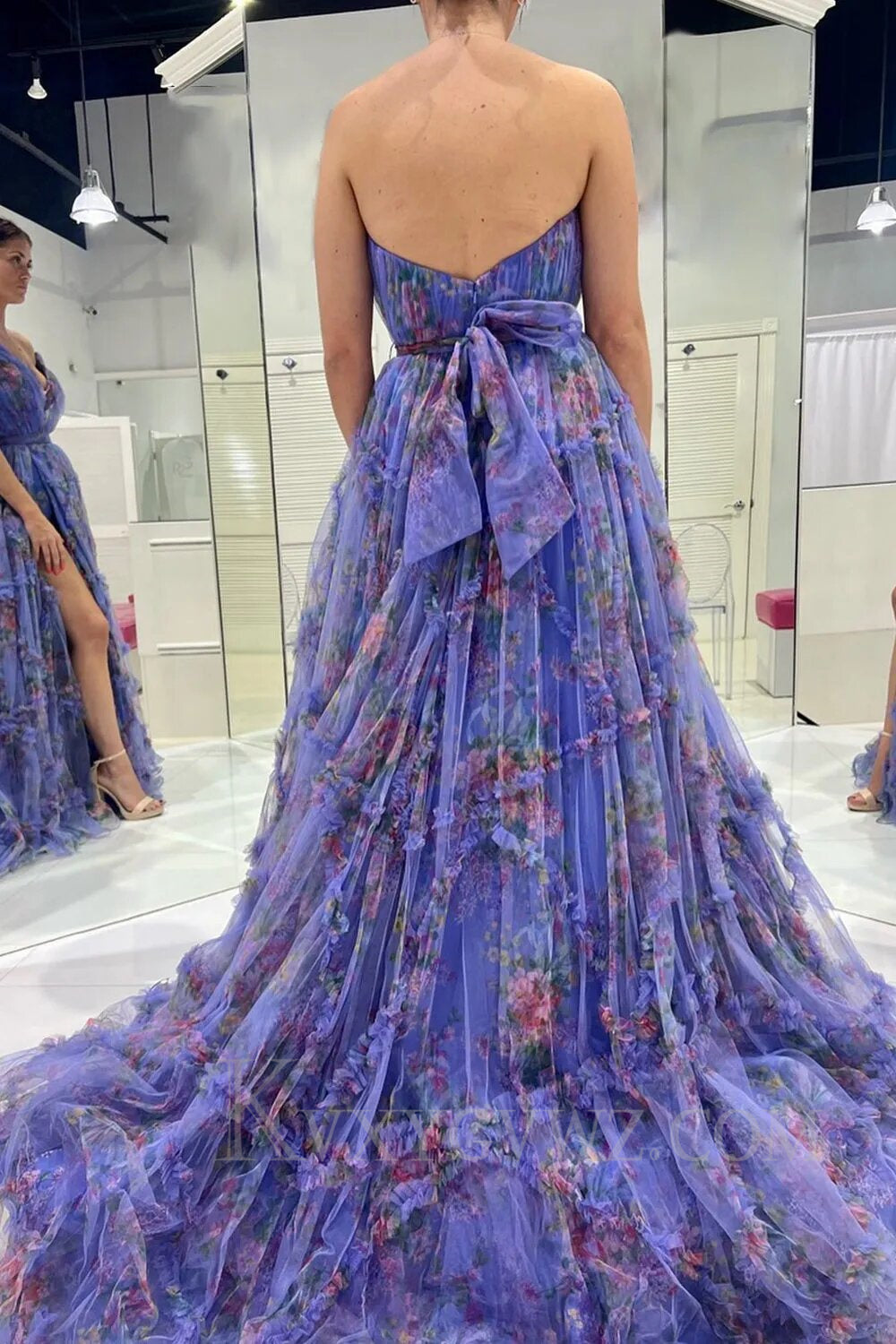 Pink Sweetheart A-Line Floral Long Tulle Prom Dress with Slit LF013