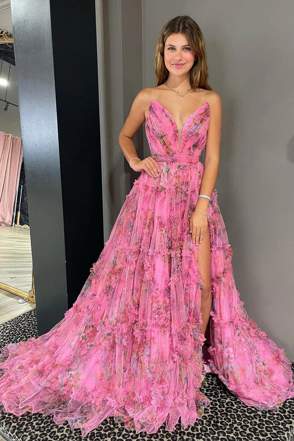 Pink Sweetheart A-Line Floral Long Tulle Prom Dress with Slit LF013