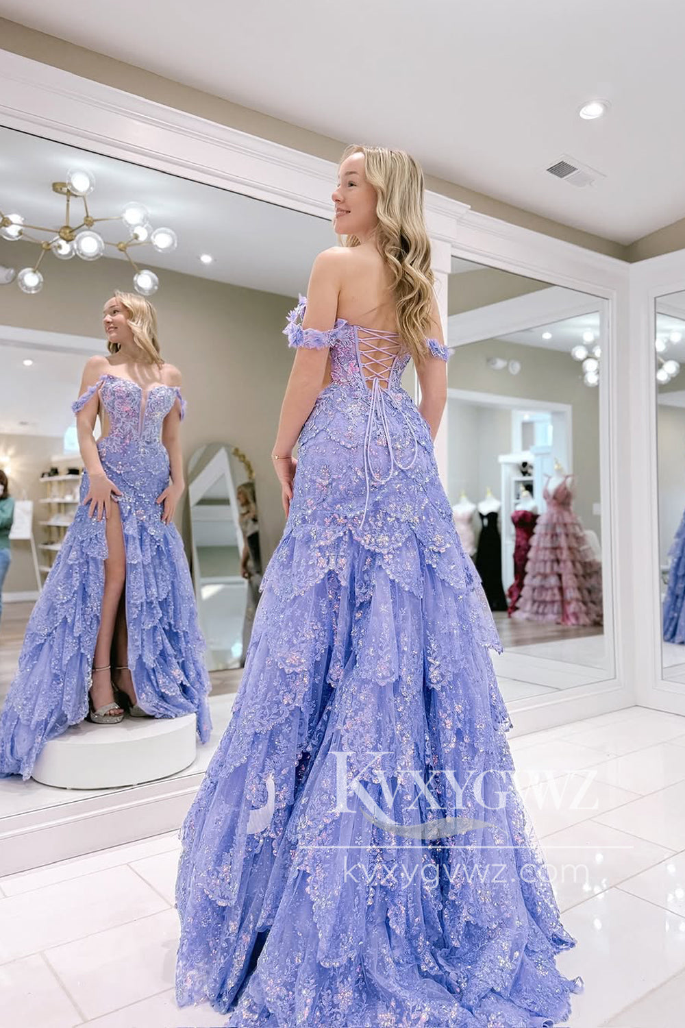 A-Line Off the Shoulder Evening Gown Lavender Sequin Lace Ruffle Tiered Long Prom Dress with Slit LF1300