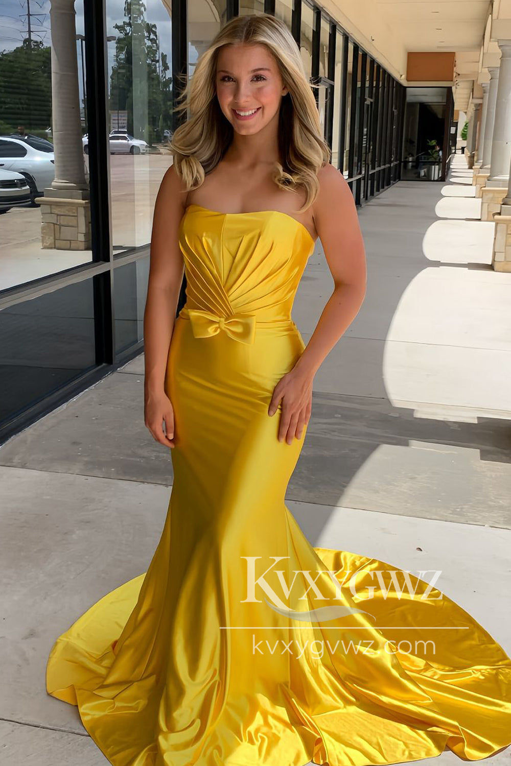 Stunning Mermaid Strapless Evening Gown Gold Satin Sweep Train Long Prom Dress Gown LF1307