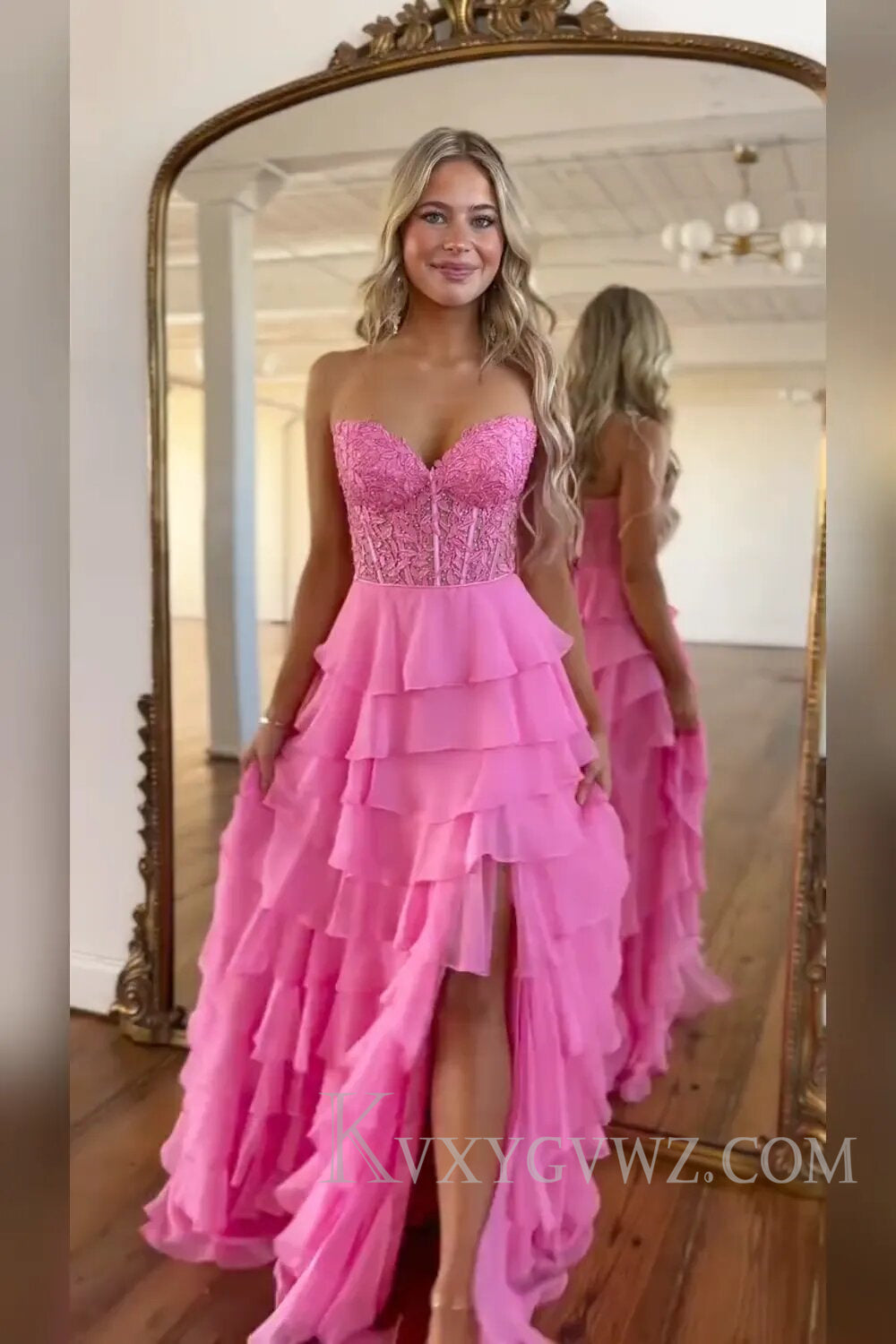 Pink Corset A-Line Sweetheart Tiered Long Prom Dress with Lace LF131 –  KVXYGVWZ
