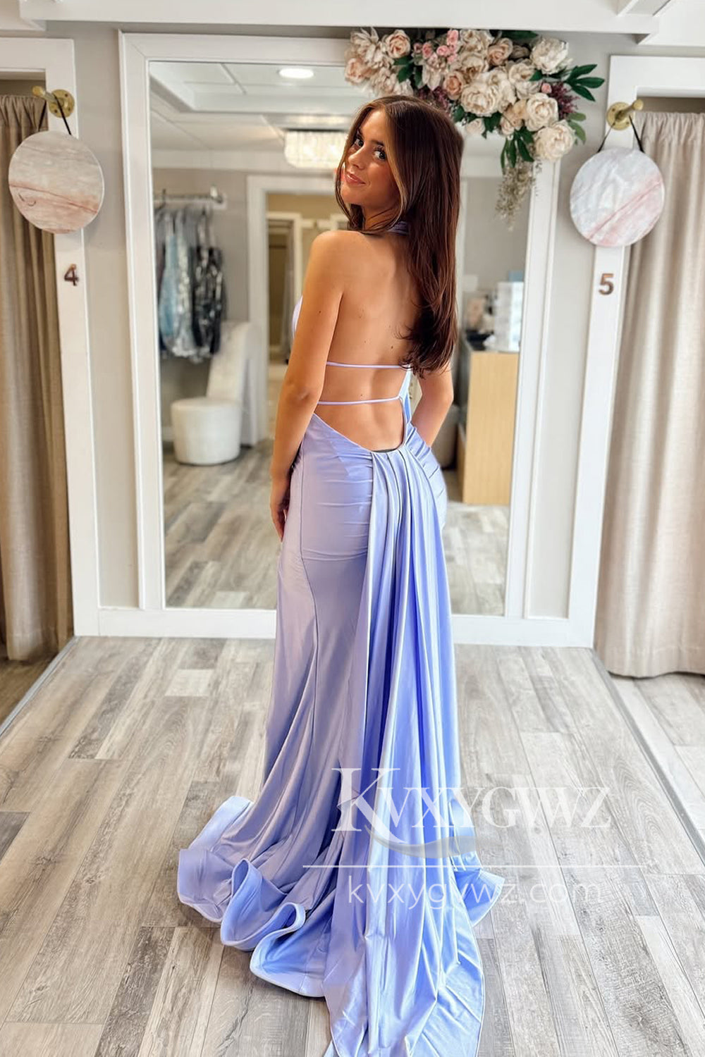 Mermaid Halter Evening Gown Lavender Satin Sweep Train Long Prom Dress with Slit LF1312