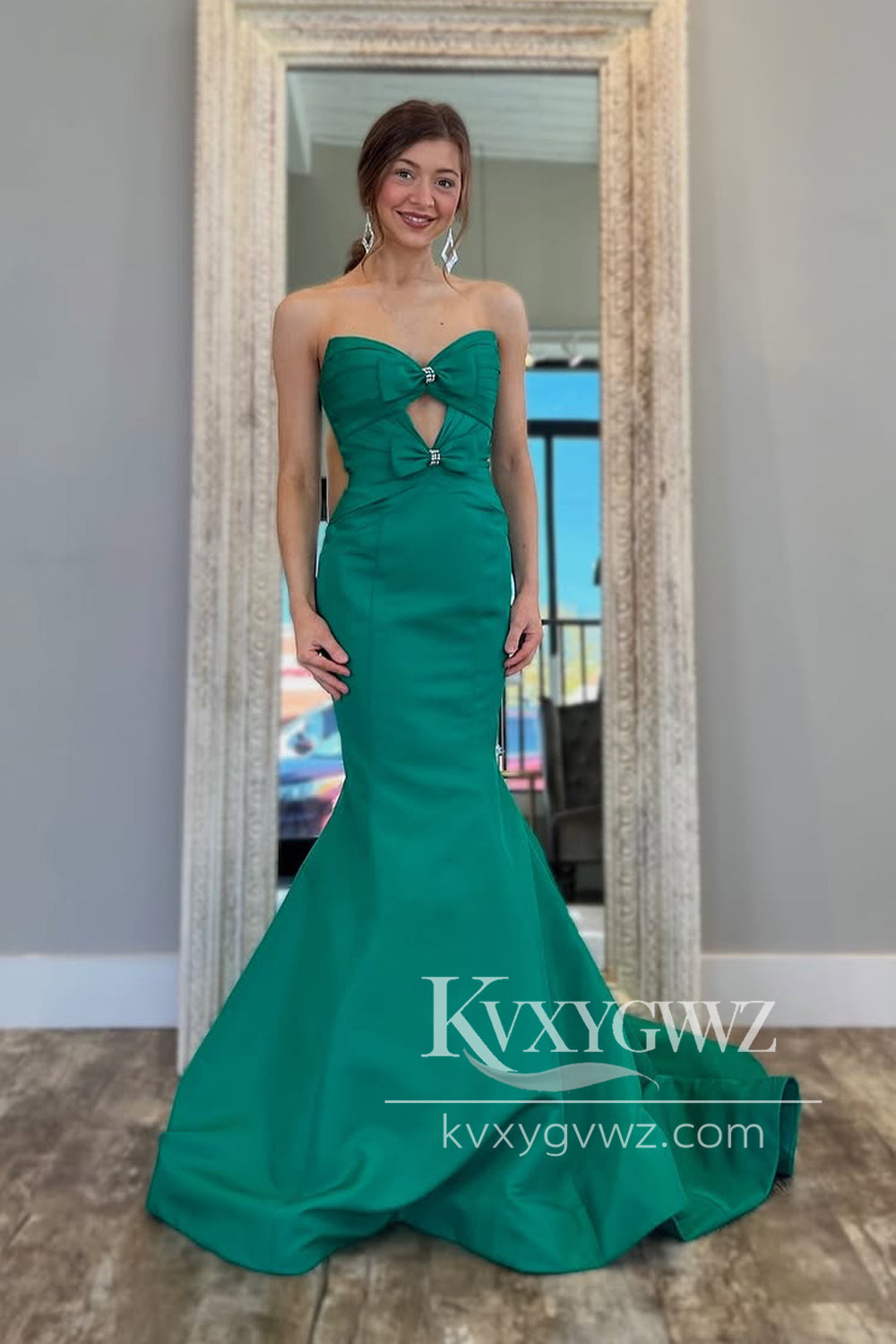 Mermaid Strapless Evening Gown Green Satin Keyhole Sweep Train Long Prom Dress LF1314
