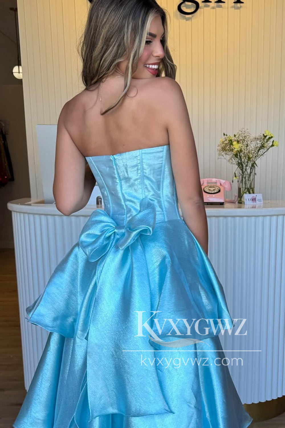 A-Line Strapless Light Blue Evening Gown Ruffle Tiered Long Prom Dress with Bowknot LF1320