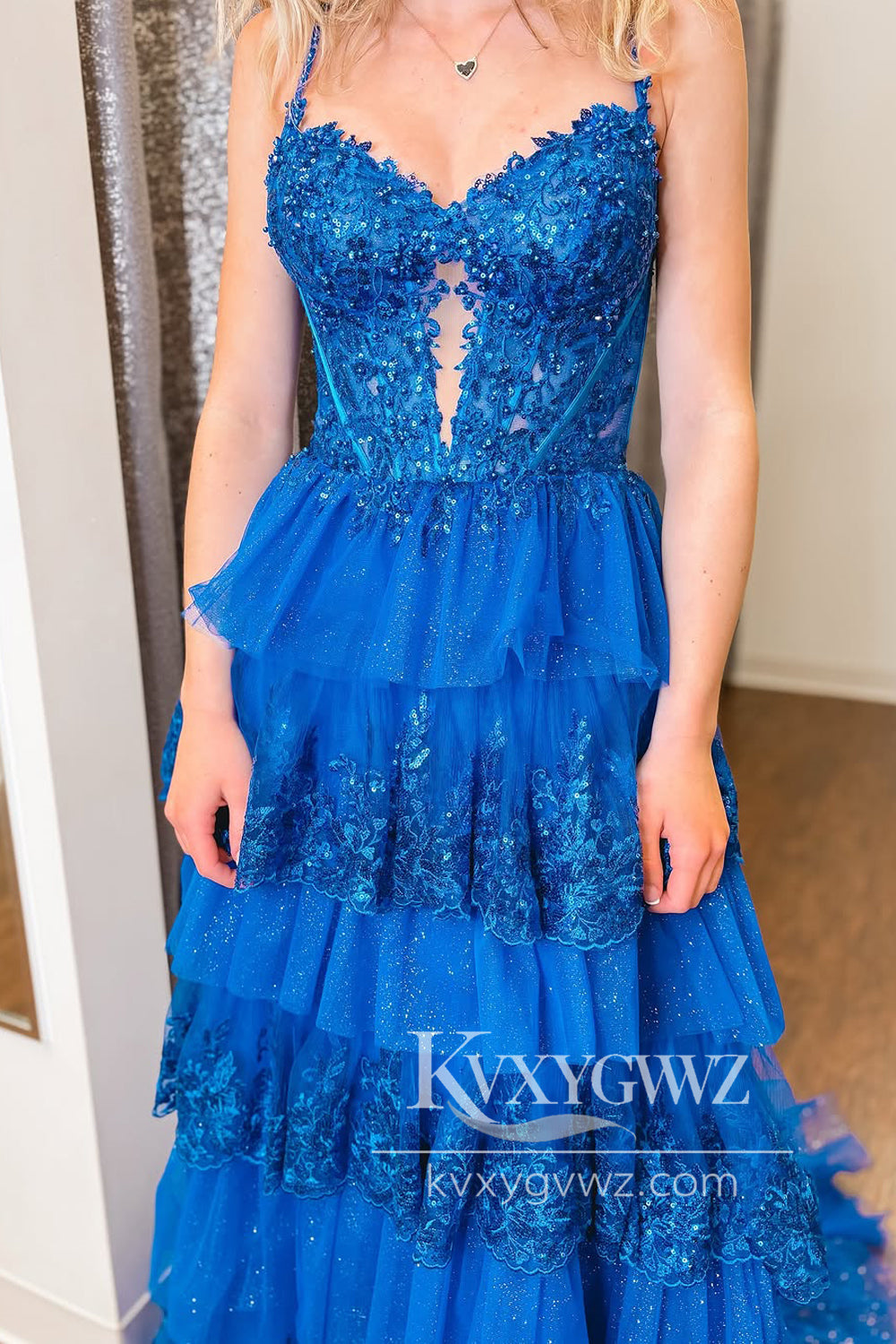 A-Line Sweetheart Royal Blue Evening Gown Ruffle Tiered Long Prom Dress with Appliques LF1322