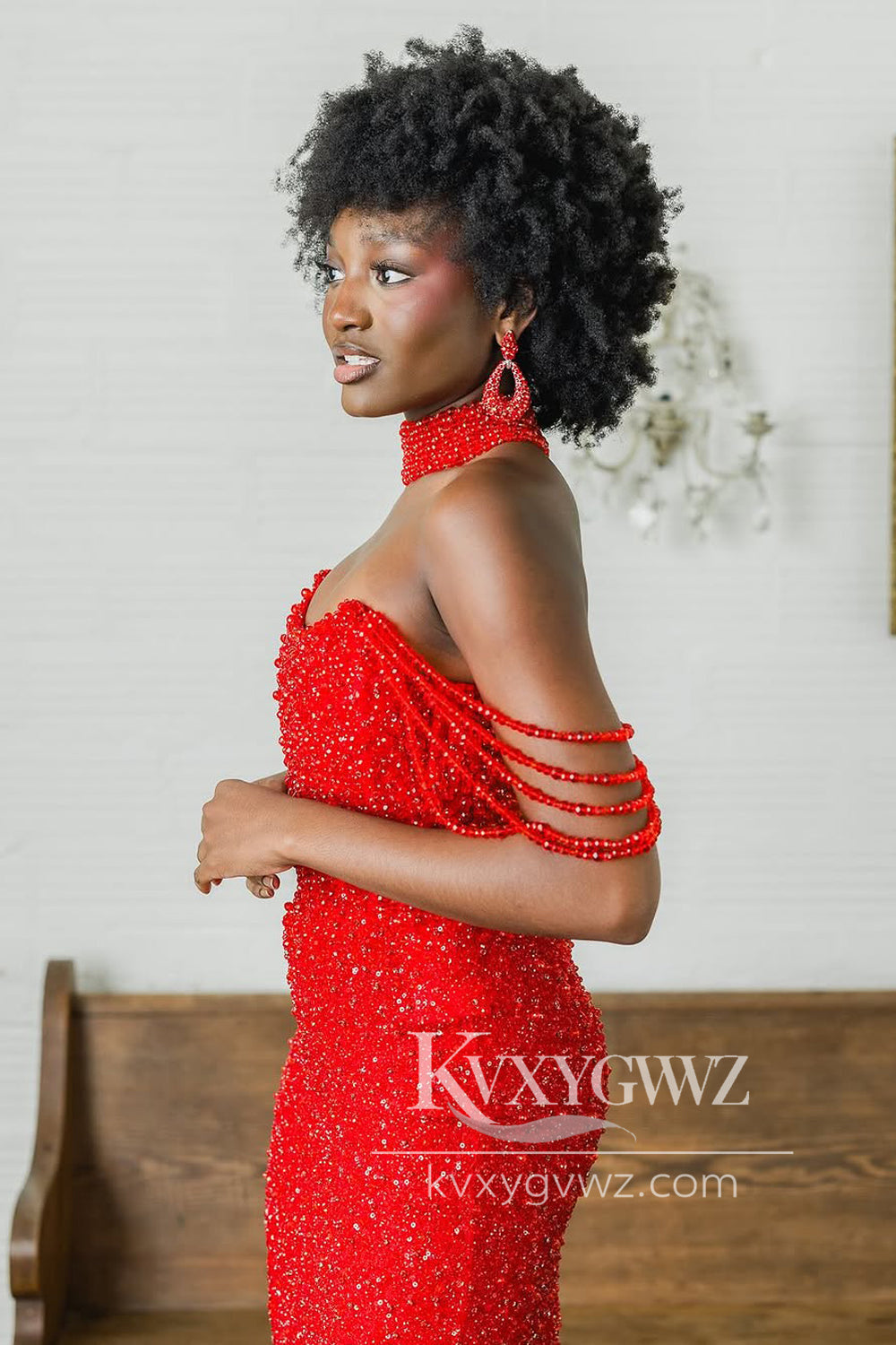 Mermaid Off the Shoulder Evening Gown Red Sequins Sweep Train Long Prom Dress with Slit LF1323