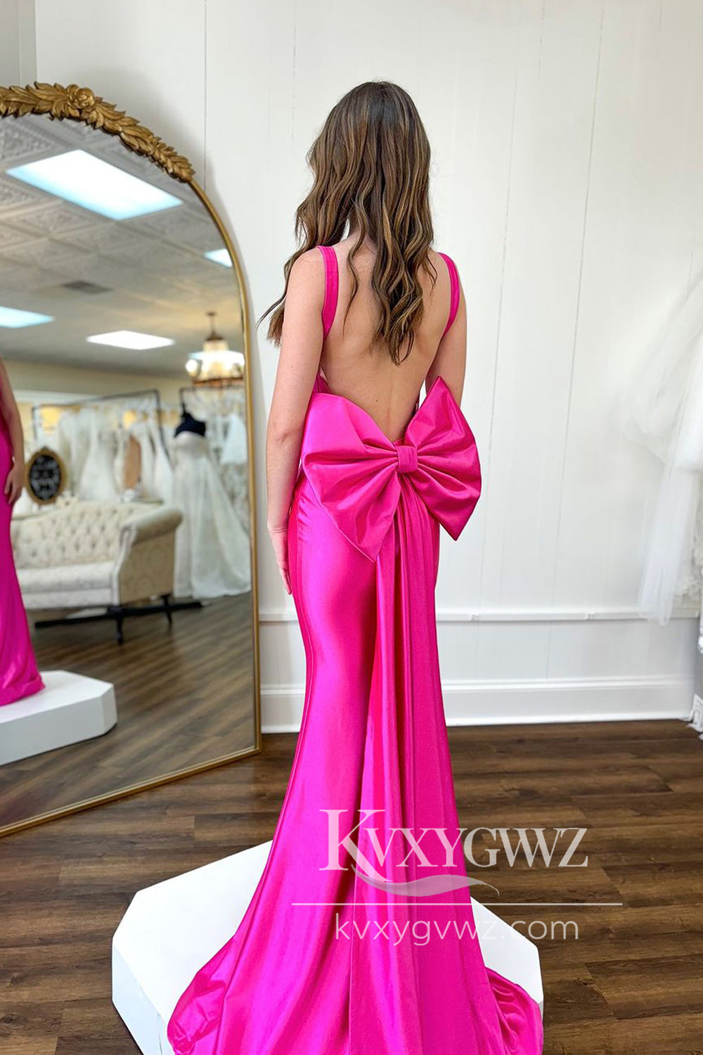 Stunning Mermaid Evening Gown Fuchsia Satin Long Prom Dress with Big Bow LF1325