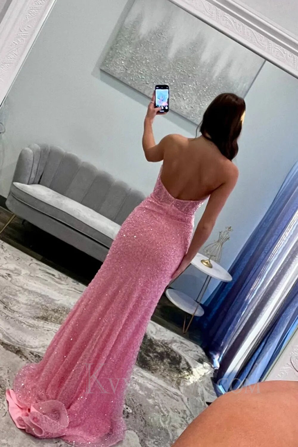Pink Sequined Mermaid High Split Prom Dress With Sweep Train LF133