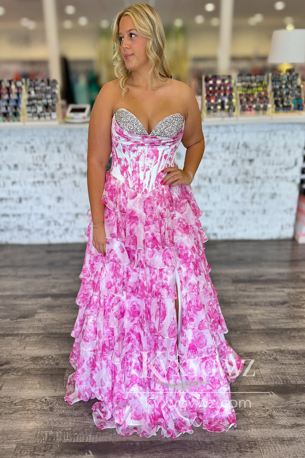 A-Line Strapless Pink Evening Gown Floral Printed Ruffle Tiered Long Prom Dress with Beadings LF1334