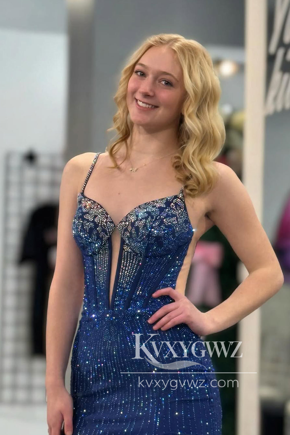 Mermaid Sweetheart Evening Gown Navy Blue Keyhole Sequins Beads Long Prom Dress with Slit LF1335