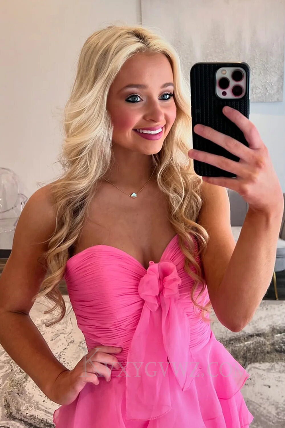 Tiered Fuchsia A-Line Sweetheart Prom Dress with Slit LF135
