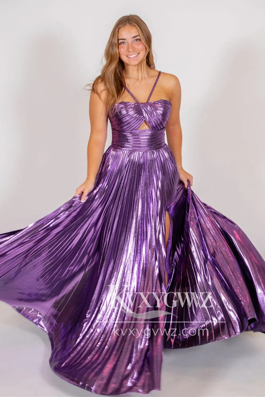 Glamorous A Line Staps Conspicuous Evening Gown Satin Long Prom Dress with Slit LF1366