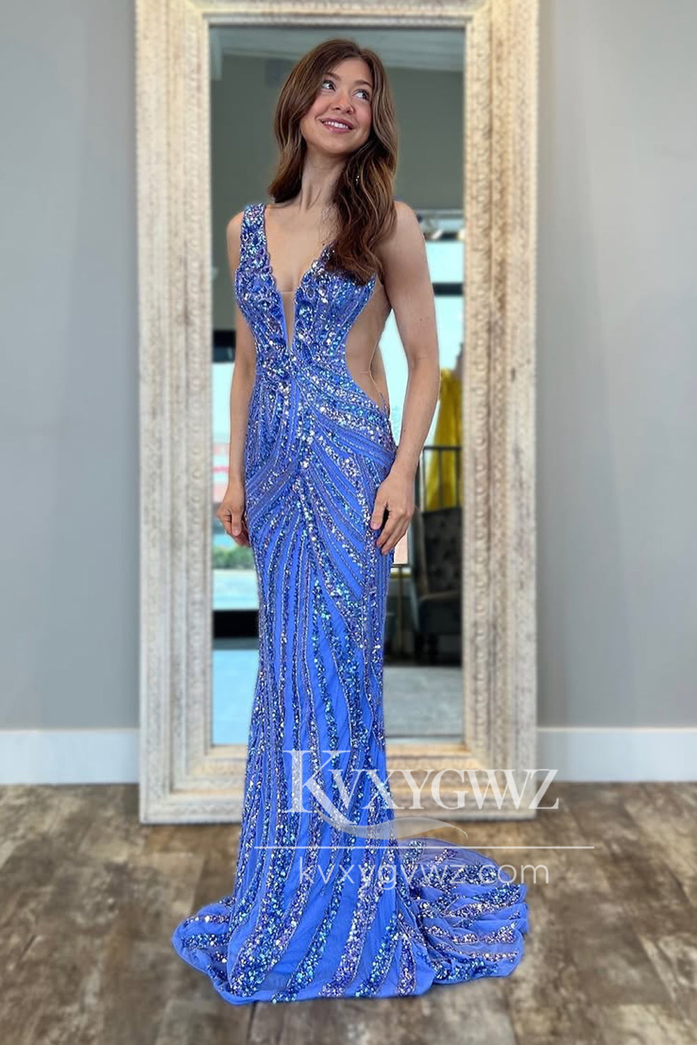 Mermaid Deep V Neck Evening Gown Blue Sequins Long Prom Dress With Slit LF1372