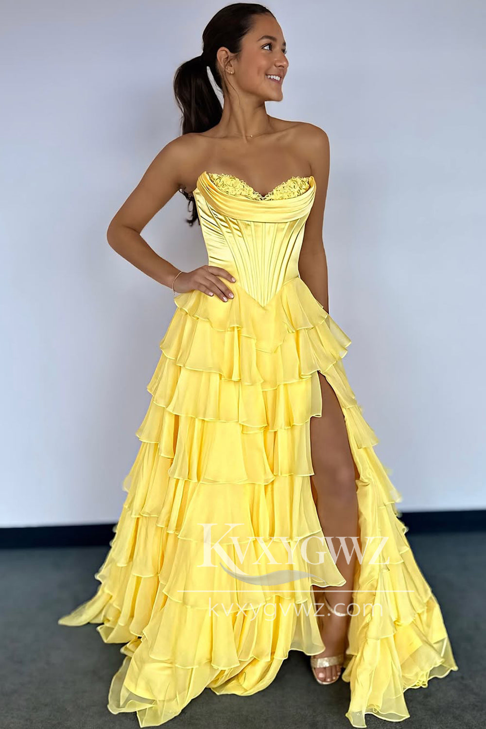 A-Line Sweetheart Evening Gown Ruffle Tiered Long Prom Dress with Slit LF1374
