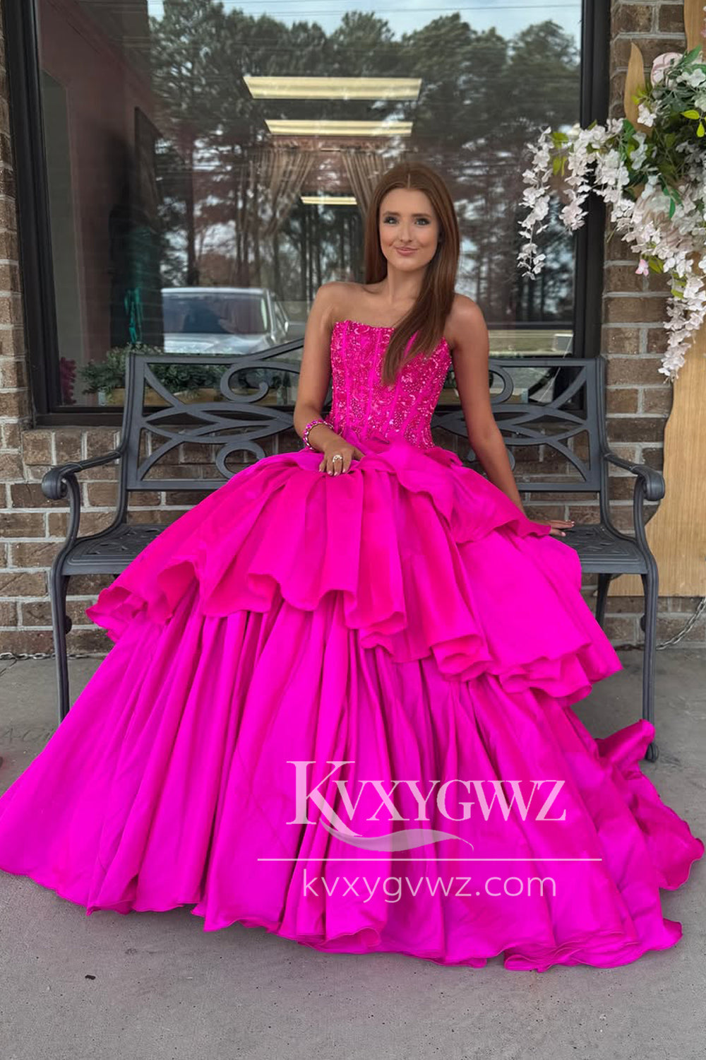 Fuchsia A Line Strapless Evening Gown Satin Prom Dress with Beading LF1376