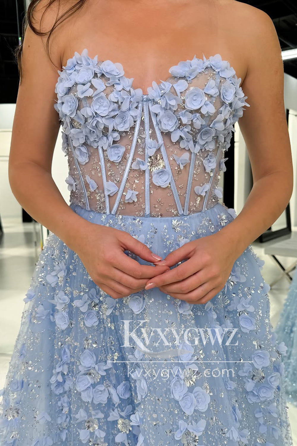 A-Line Strapless Light Blue Evening Gown Sequins Long Prom Dress with 3D Flower Appliques LF1388