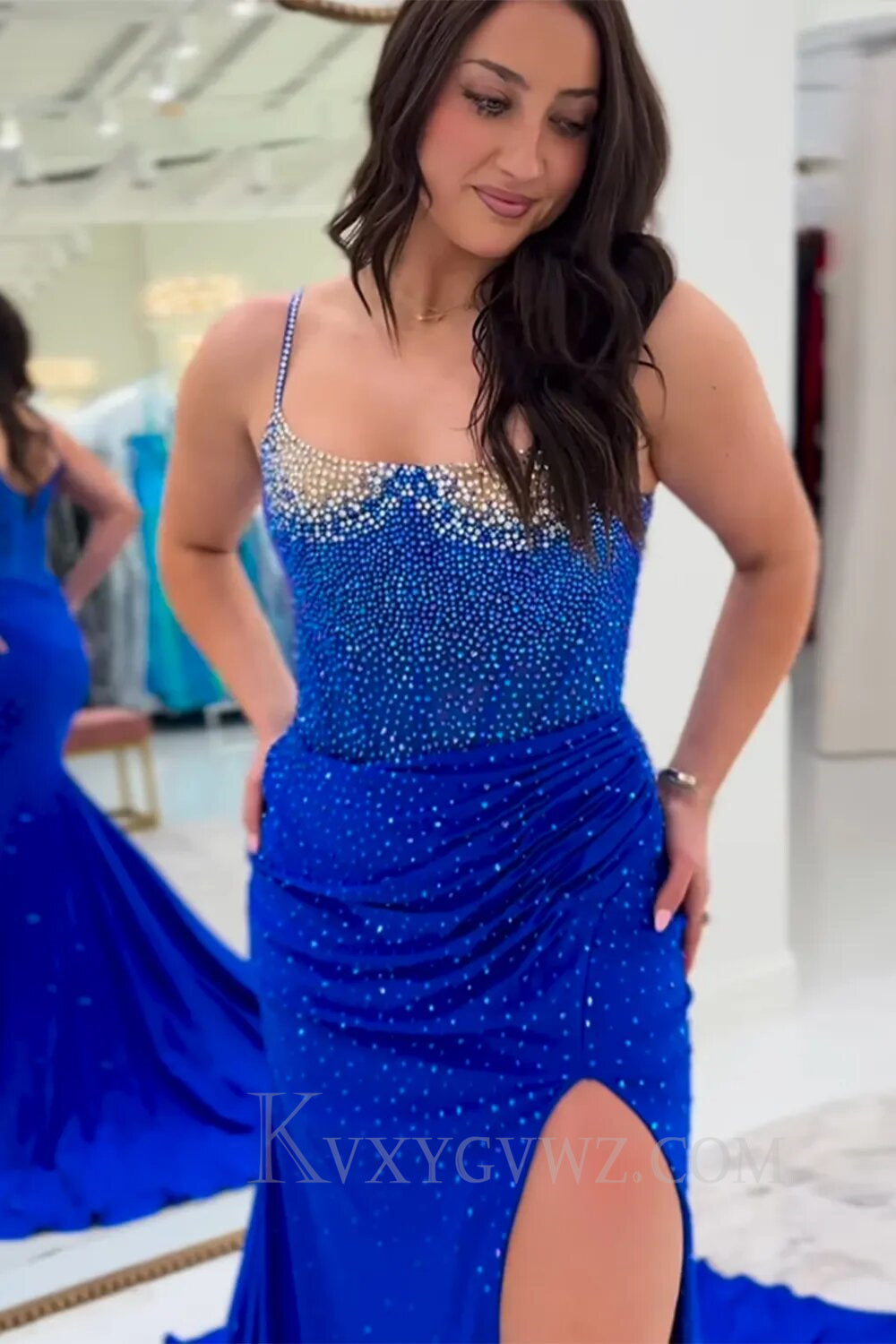 Sparkly Royal Blue Spaghetti Straps Mermaid Corset Long Prom Dress with Slit LF139