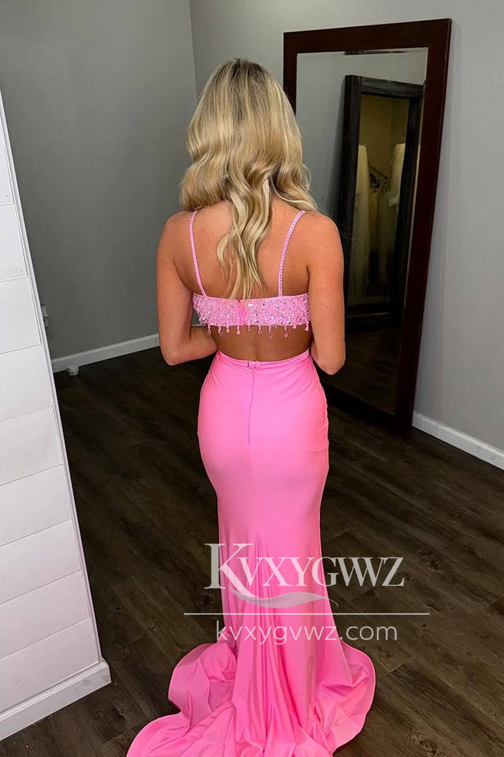 Two Piece V Neck Pink Sequins Evening Gown Sweep Train Long Prom Dress LF1396