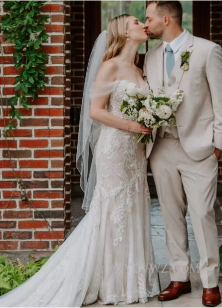 Elegant Off The Shoulder Mermaid Ivory Wedding Gown/Dress With Lace HS404