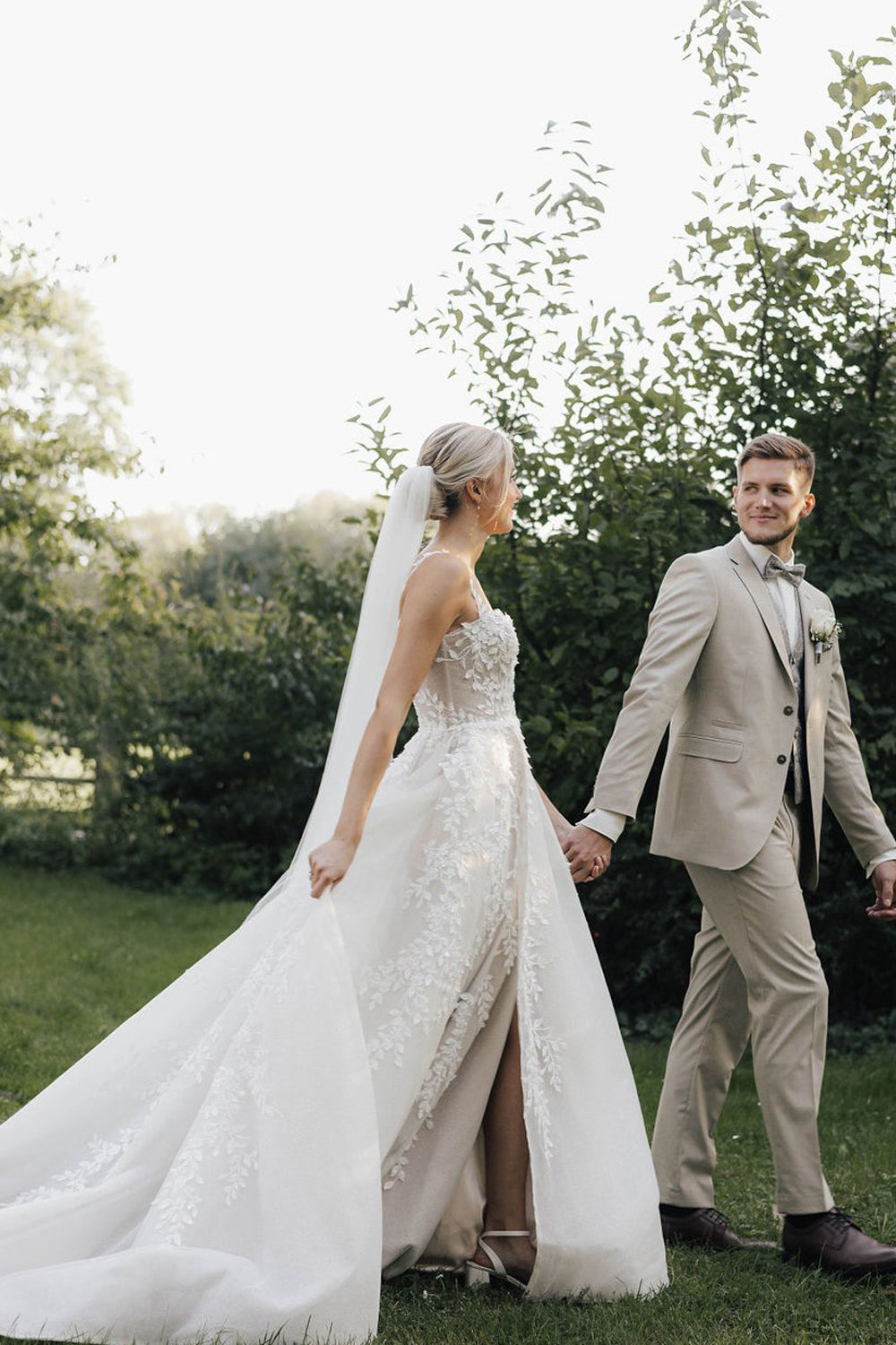 Pastoral Style A Line Boat Neck Satin Long Wedding Dresses Gown with Appliques HS899