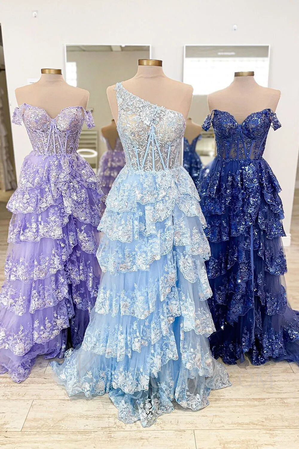 Sparkly Lilac One Shoulder Tiered Lace Long Prom Dress with Slit LF014
