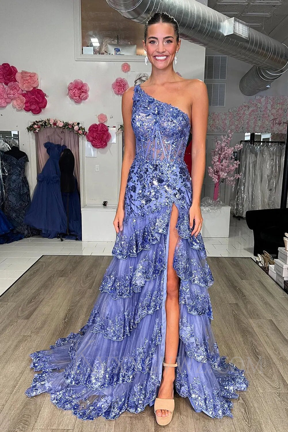 Sparkly Lilac One Shoulder Tiered Lace Long Prom Dress with Slit LF014