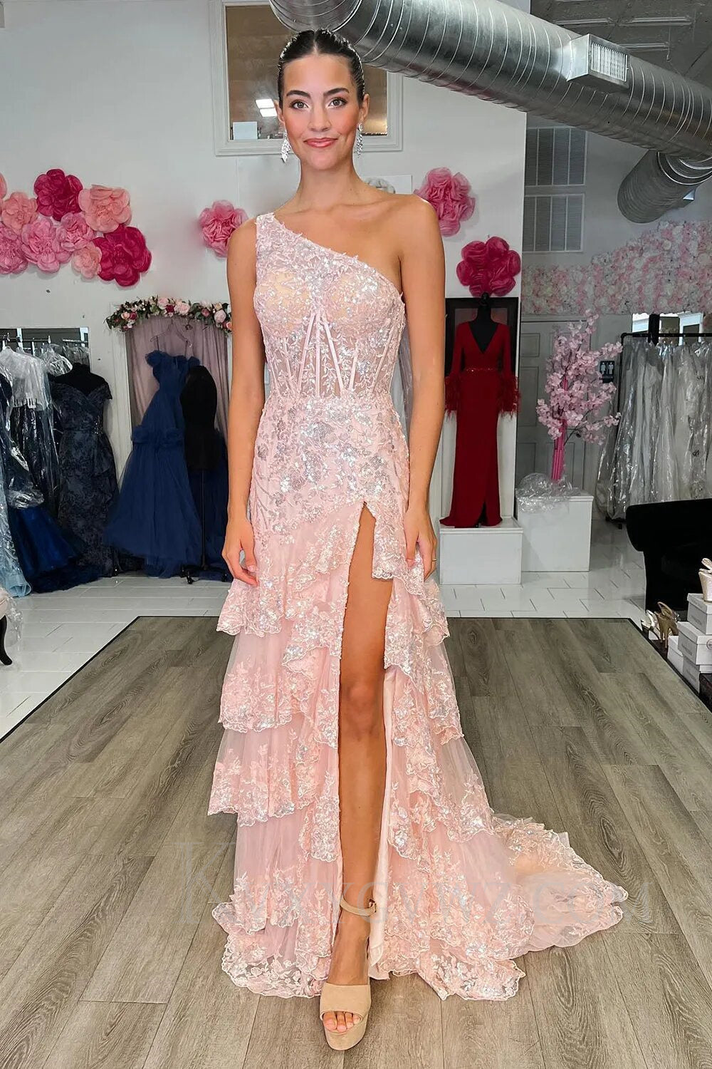 Sparkly Lilac One Shoulder Tiered Lace Long Prom Dress with Slit LF014