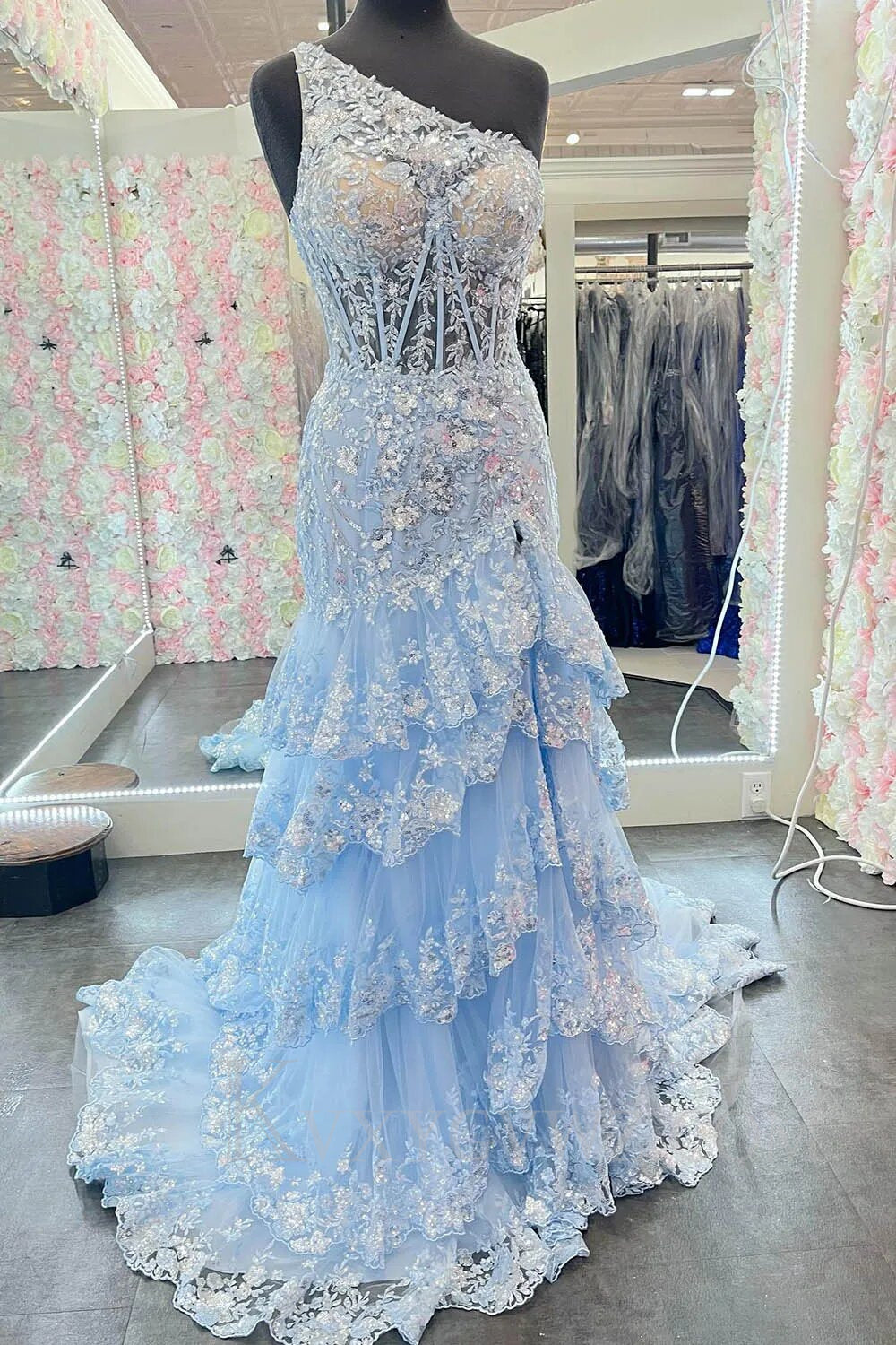Sparkly Lilac One Shoulder Tiered Lace Long Prom Dress with Slit LF014