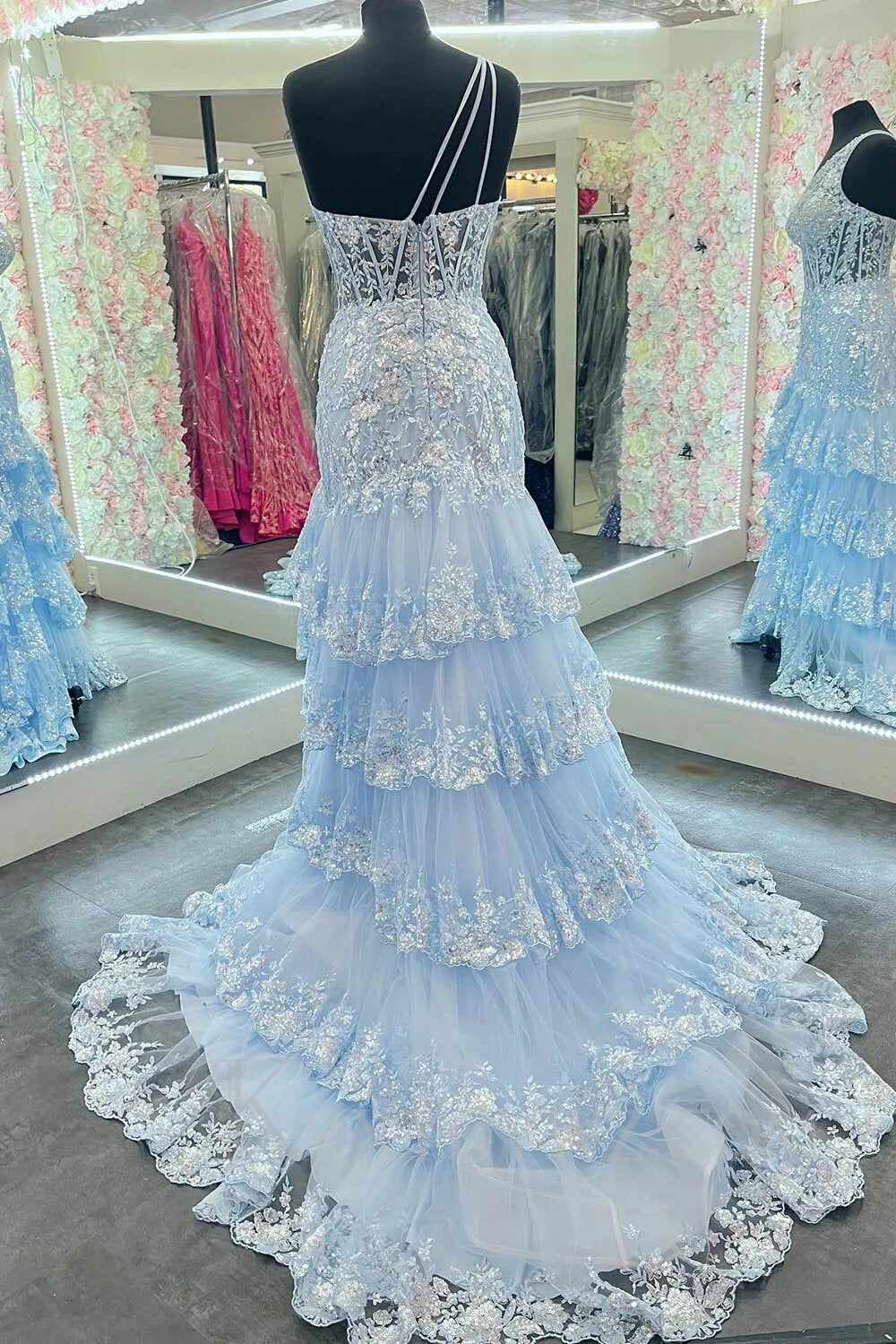 Sparkly Lilac One Shoulder Tiered Lace Long Prom Dress with Slit LF014